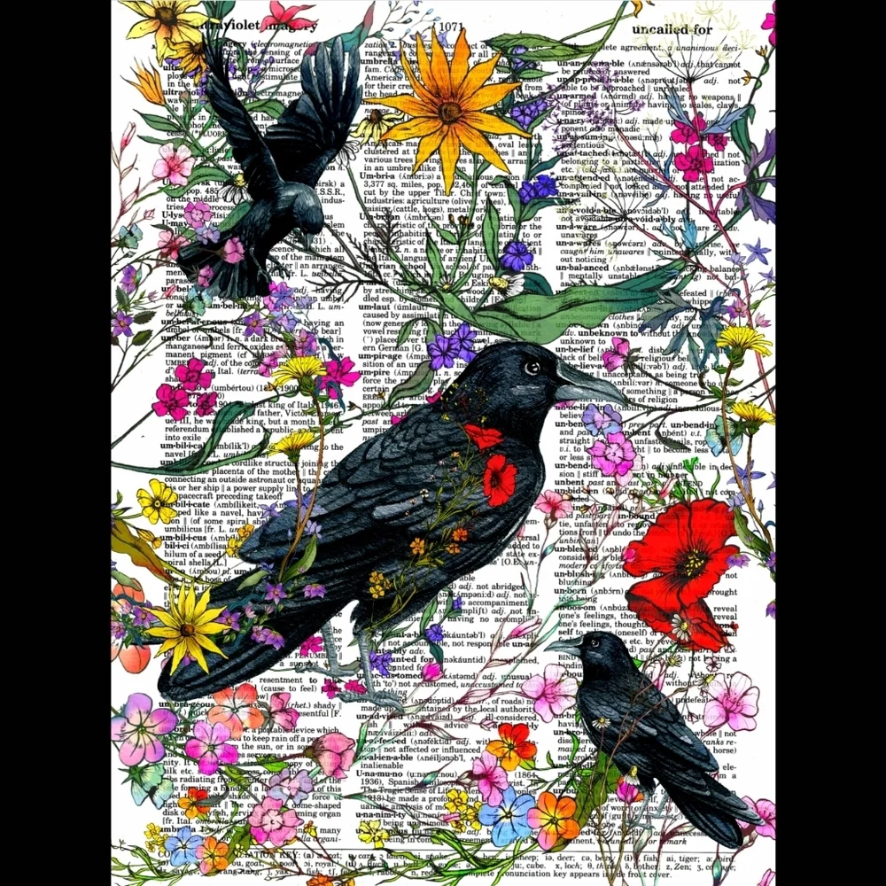 Ravens and Wildflowers Vintage Dictionary Art Pri…